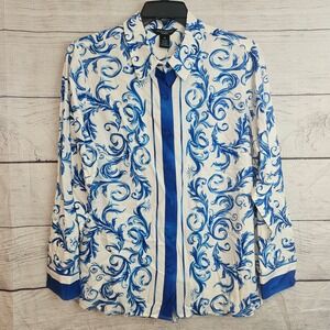 Investments Woman 1X Stretch Linen Blue White Scroll Button Down Shirt 1189